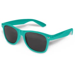 A pair of turquoise sunglasses with dark lenses and a simple design, featuring a logo on the frame.
