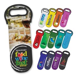 A neoprene wine cooler bag featuring multiple colours and a logo, designed for holding wine bottles.