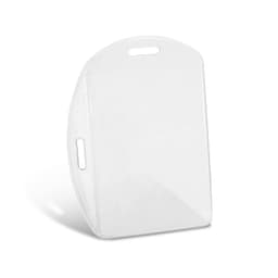 A clear plastic ID holder featuring a slot for a badge and a convenient handle for easy carrying.