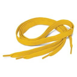 A pair of bright yellow shoe laces with rounded tips.