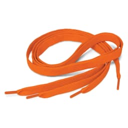 Orange shoelaces are neatly coiled, featuring a textured surface and capped ends.