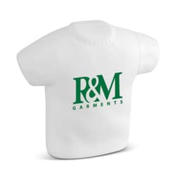A stress-relief T-shirt shaped toy with a logo that reads "R&M Garments."