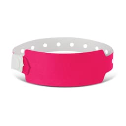 A pink plastic event wristband with a white adjustable strap and a snap closure, suitable for exhibitions and events.