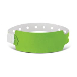 A bright green plastic event wristband with a secure fastener and multiple holes for size adjustment.