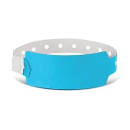 A plastic event wristband in bright blue, featuring a secure snap closure and multiple holes for adjustable sizing.