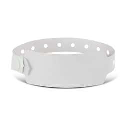 A white plastic event wristband featuring a smooth surface and adjustable holes for sizing.