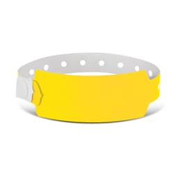 A plastic event wristband in bright yellow, featuring a tab closure and several holes for adjustable fitting.