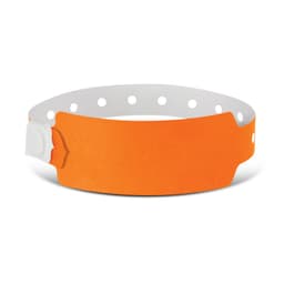 An orange plastic event wristband with a white dotted strap and a clasp, featuring a smooth surface and a logo.
