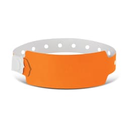 An orange plastic event wristband with a white adjustable strap and a circular fastening mechanism.