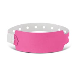 A bright pink plastic event wristband featuring a secure adjustable clasp and perforated design for comfort.