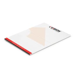 A6 notepad with 25 leaves, featuring a white cover with a red and beige design and a logo.