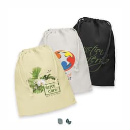 A large cotton gift bag collection featuring beige, grey, and black bags, each with unique designs and logos.