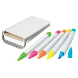 A highlighter set featuring five vibrant highlighters in green, pink, orange, yellow, and blue, stored in a white case with a logo.