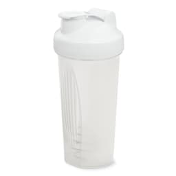 A drink bottle with a white lid and a transparent body, featuring a mixing ball inside.