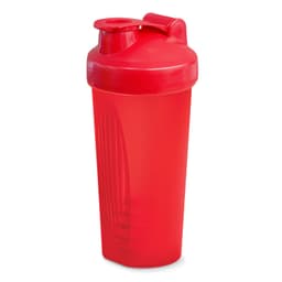A drink bottle in vibrant red, featuring a secure lid and integrated whisk for mixing. It has a logo on the side.