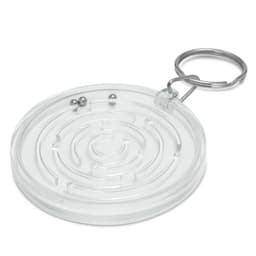 A clear plastic key ring featuring a maze design with small metal balls inside. It includes a metal keychain attachment.