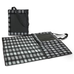 A black and grey checkered picnic blanket with a carrying handle and pocket, folded neatly beside an open version.
