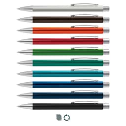 A collection of ten metal pens in various colours, featuring silver accents and clips, with a logo on some.