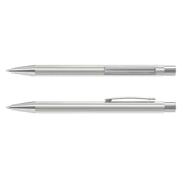 A silver metal pen with a sleek design and a clip, featuring a transparent section on the barrel.