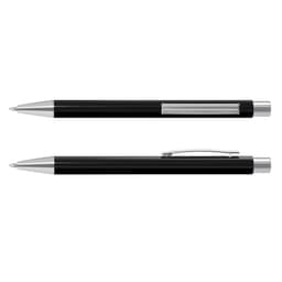 A black metal pen with silver accents, featuring a sleek design and a clip on the side.