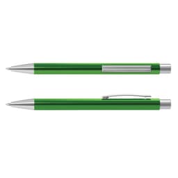 A metal pen in a vibrant green color with a sleek design, featuring a silver clip and accents.