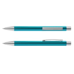 A metal pen in a vibrant teal colour with silver detailing and a clip. It features a sleek, modern design.