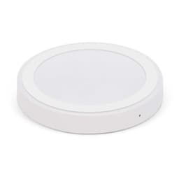 A wireless charger in a sleek, round design with a smooth white finish. The charger features an LED indicator light.