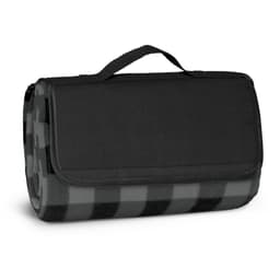 A picnic blanket featuring a black and grey checkered pattern, neatly folded with a black carrying handle.
