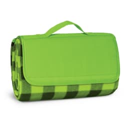 A green picnic blanket featuring a checkered pattern, neatly rolled and secured with a handle.