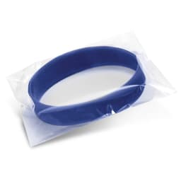 A blue silicone wristband in a clear plastic packaging, featuring an embossed design and a branding logo.