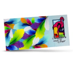 A colorful beach towel featuring vibrant feathers and a flamingo design, labeled "Feathers and Fur."