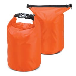 An orange 5L dry bag with a secured top closure and a buckle. The material is waterproof and textured.