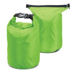 A bright green dry bag with a roll-top closure and adjustable strap. It features a logo on the side.