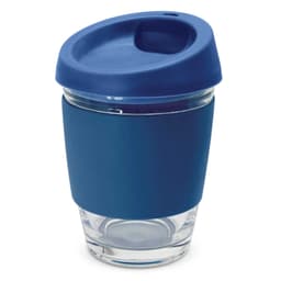 A drink bottle featuring a transparent glass body with a navy silicone sleeve and matching lid.