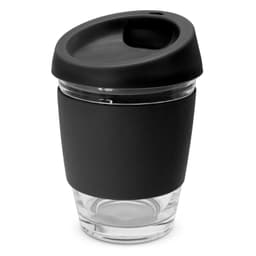 A drink bottle with a black silicone sleeve and lid, featuring a clear glass body and an integrated drinking spout.