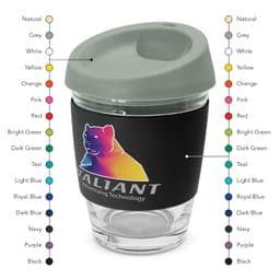 A drink bottle with a grey lid, glass body, and a black silicone sleeve featuring a logo. Available in multiple colours.