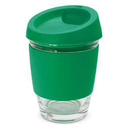 A drink bottle with a clear glass base and a green silicone sleeve and lid. It features a sipping hole on the lid.