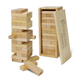 A set of wooden blocks in various shapes and sizes, packaged in a light wooden box with a lid.