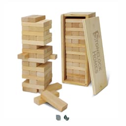 A wooden tumbling tower game with natural timber blocks, featuring a storage box with a logo.