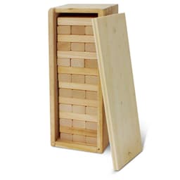 A wooden Tumbling Tower game set featuring stacked rectangular blocks and a storage box with a removable lid.