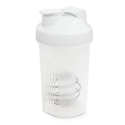 A drink bottle featuring a clear body with a white lid and an interior whisk ball. It has a logo on the side.