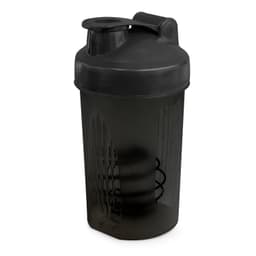 A drink bottle in dark grey with a secure lid and built-in mixing element, featuring a logo.