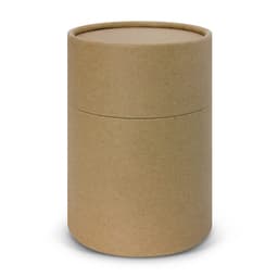 A round, brown cardboard container with a removable lid, featuring a simple, minimalist design.