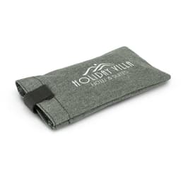 A grey sunglass pouch with a logo, featuring a foldable design and an elastic strap.