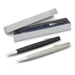 A metal pen set featuring a black and a silver-grey pen, presented in a sleek packaging with a logo.
