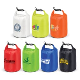 A collection of 10L dry bags in white, orange, green, black, and various other colours, featuring different logos.