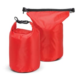 A red dry bag set featuring two sizes, with adjustable seals and a design suitable for waterproof storage.