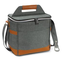A green cooler bag with leather accents, featuring a zippered top and a detachable shoulder strap.