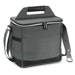 A green cooler bag with a top handle, adjustable strap, and a bottle opener attachment. It has a logo on the front.