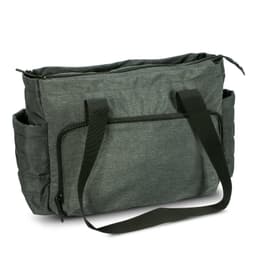 A dark grey tote bag with shoulder straps and side pockets, featuring a zip closure and a textured design.
